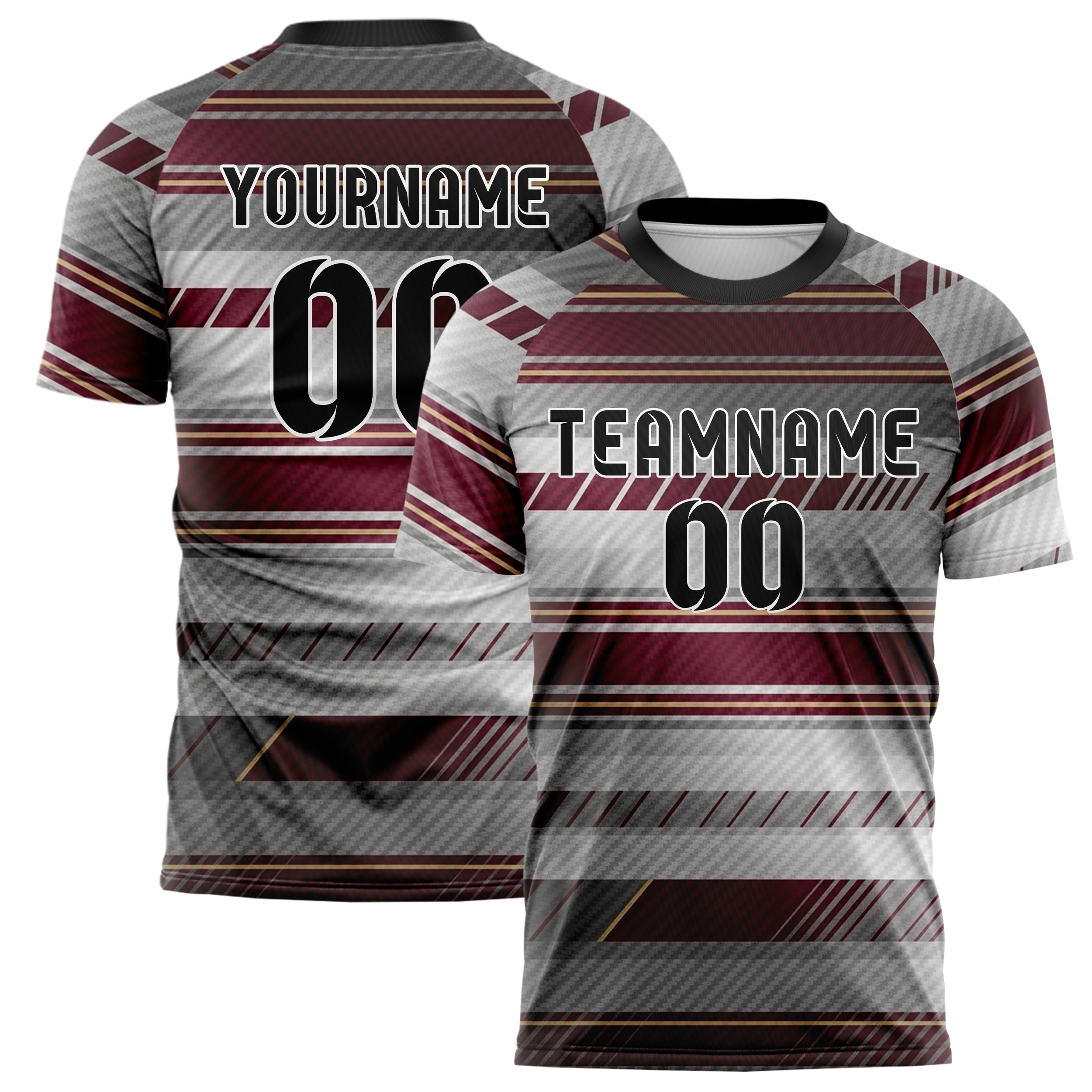 Grey Maroon Gold Retro Racing Stripe Custom Soccer Jersey