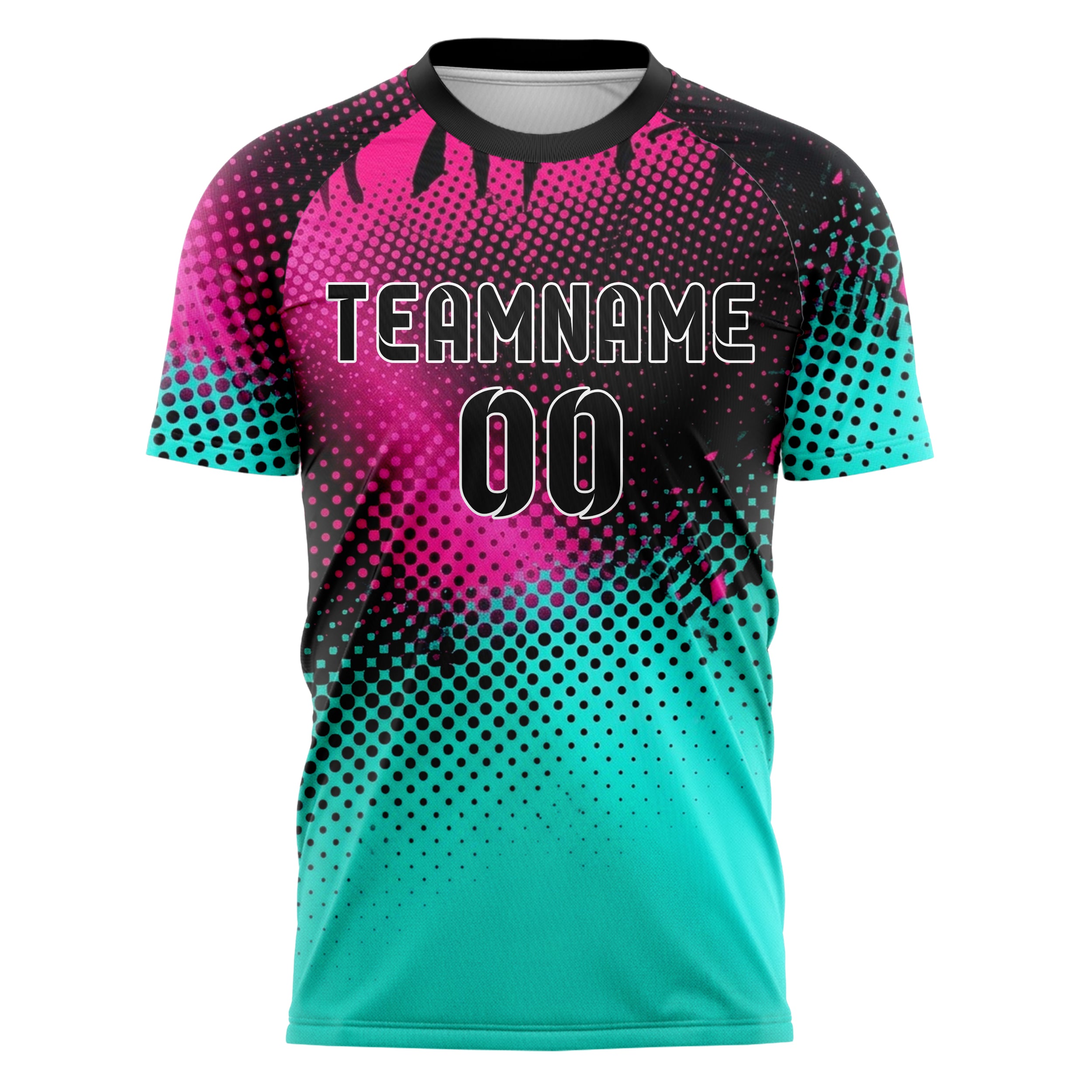 Black Neon Pink Teal Halftone Gradient Pop Custom Soccer Jersey