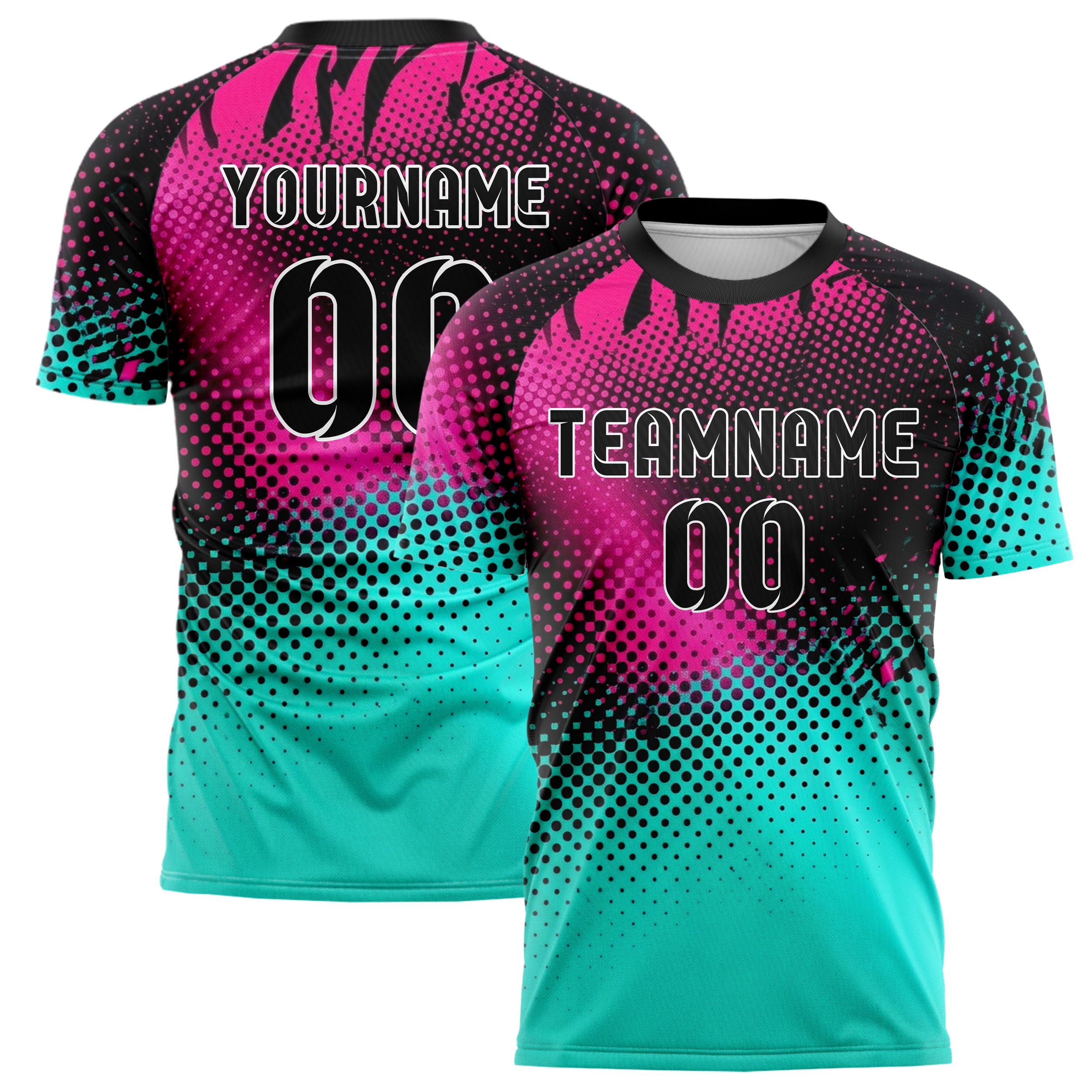 Black Neon Pink Teal Halftone Gradient Pop Custom Soccer Jersey