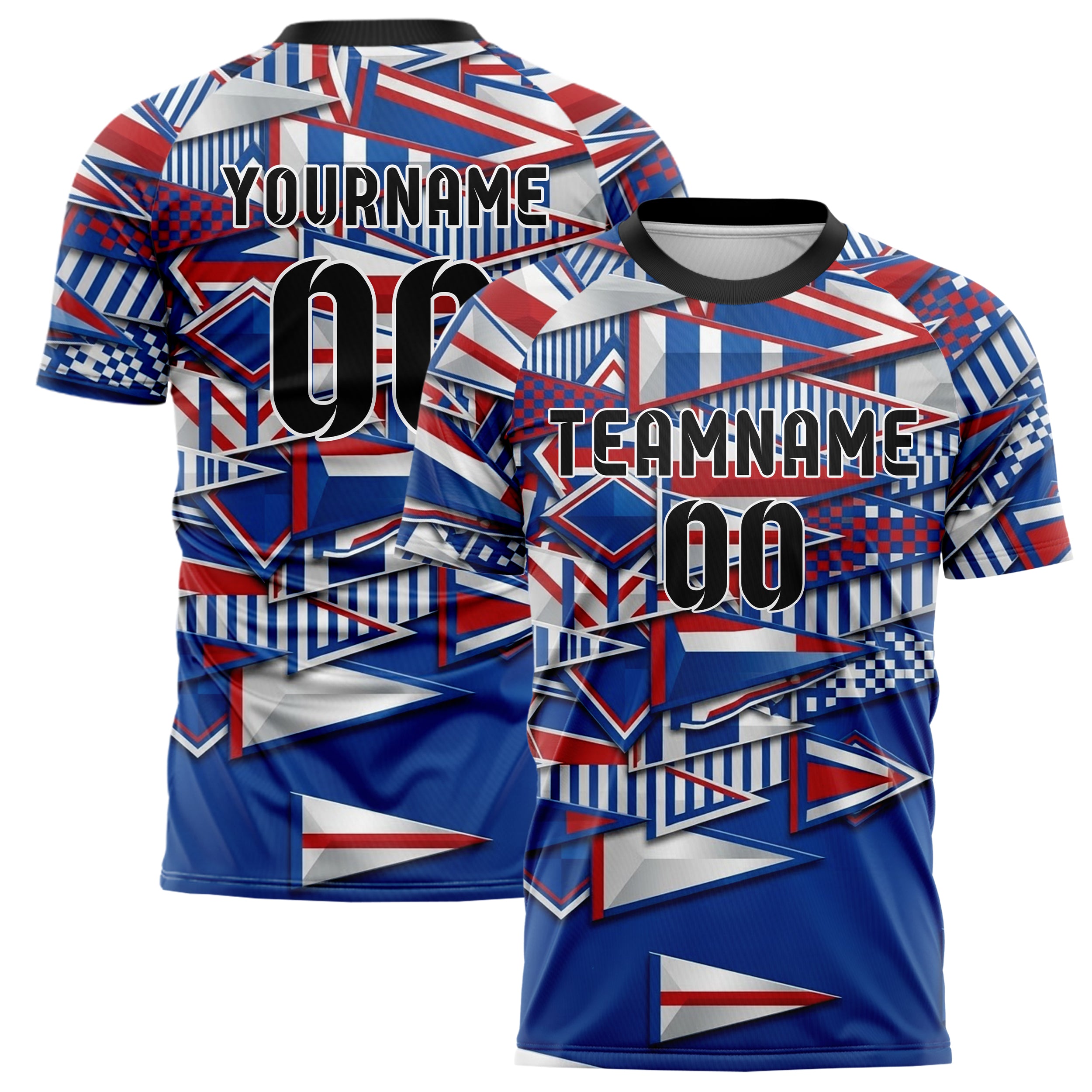 Royal Blue White Red Vintage Pennant Collage Custom Soccer Jersey
