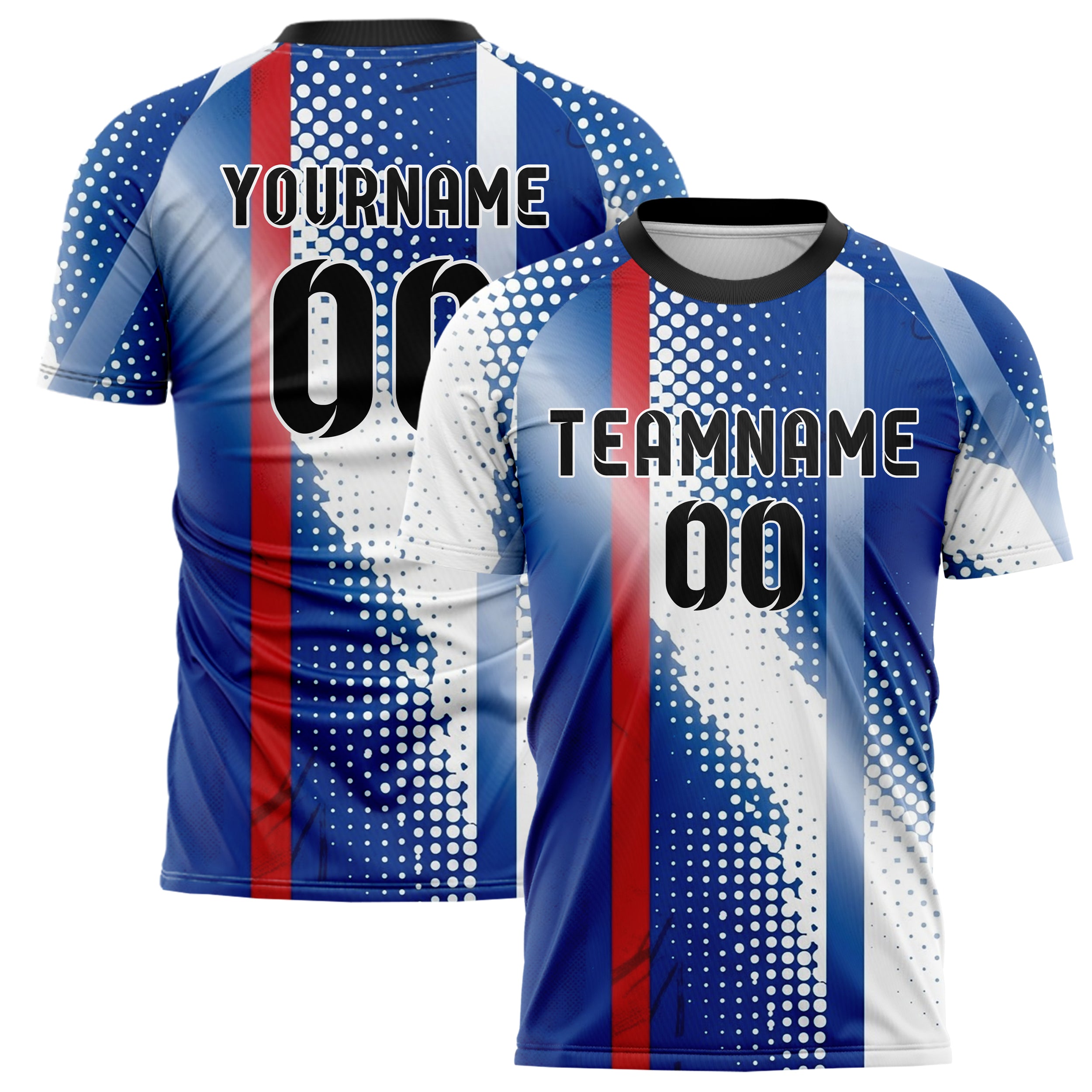 Royal Blue White Red Halftone Gradient Pop Custom Soccer Jersey