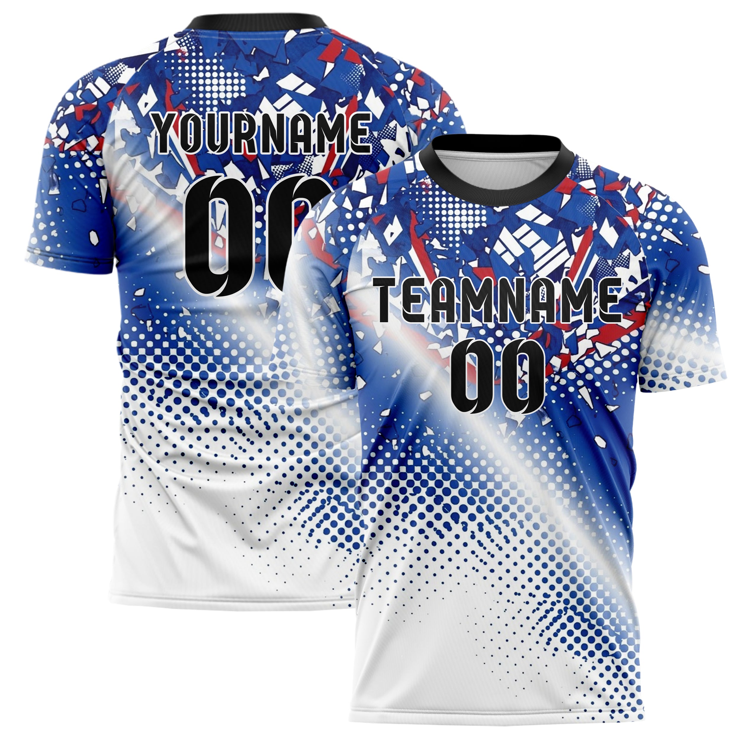 Royal Blue White Red Halftone Gradient Pop Custom Soccer Jersey
