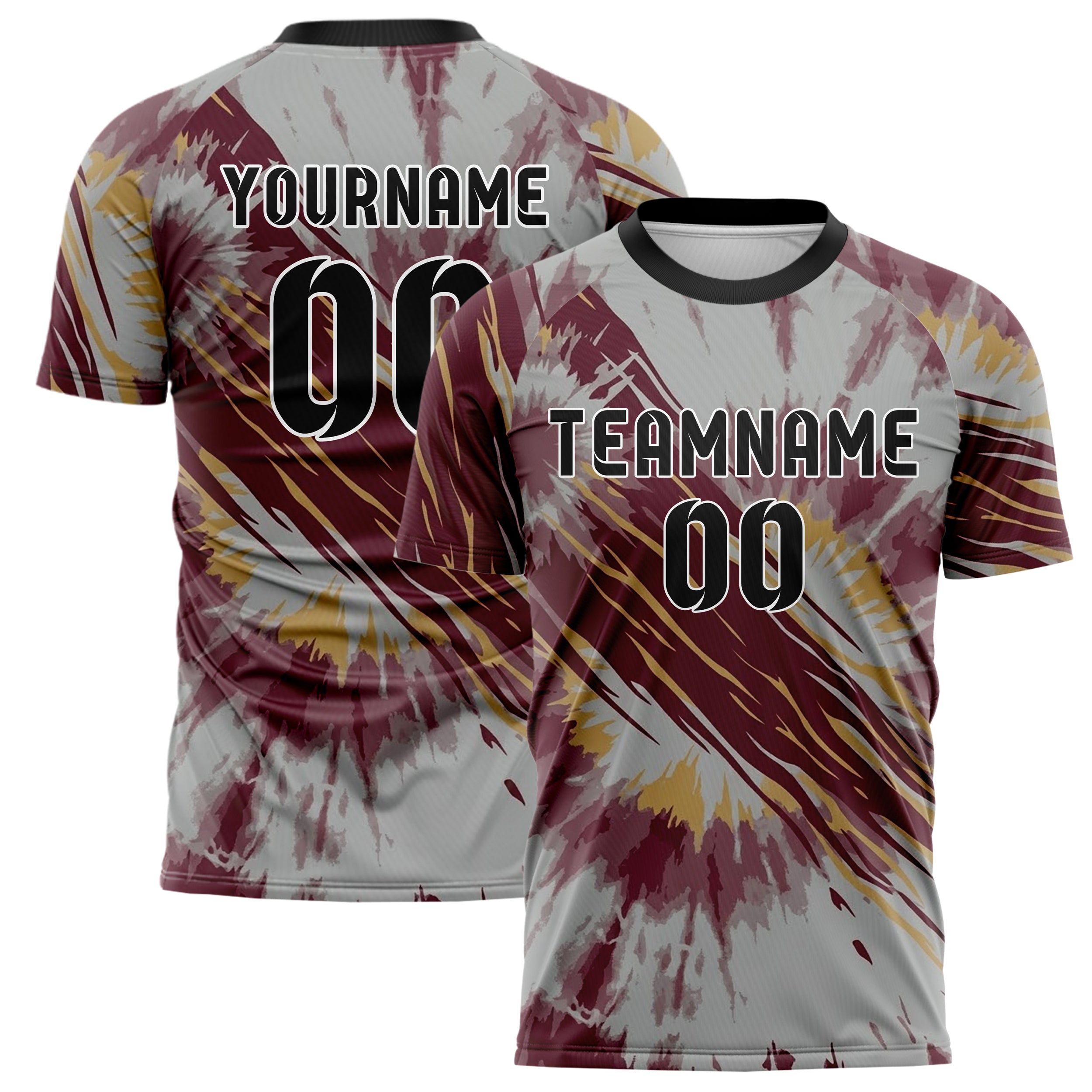 Grey Maroon Gold Tiedye Festival Wash Custom Soccer Jersey