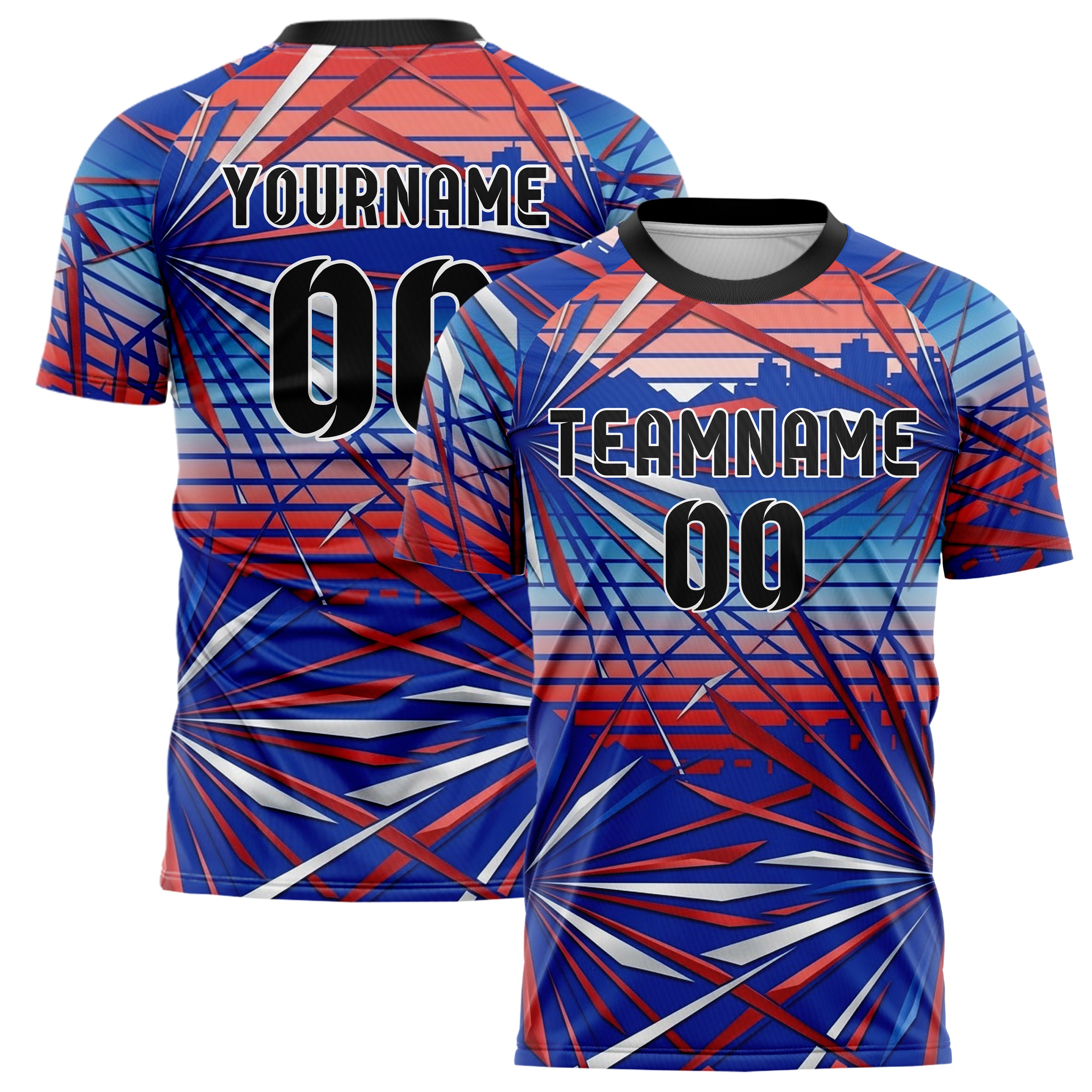Royal Blue White Red Retro Sunset Gradient Custom Soccer Jersey