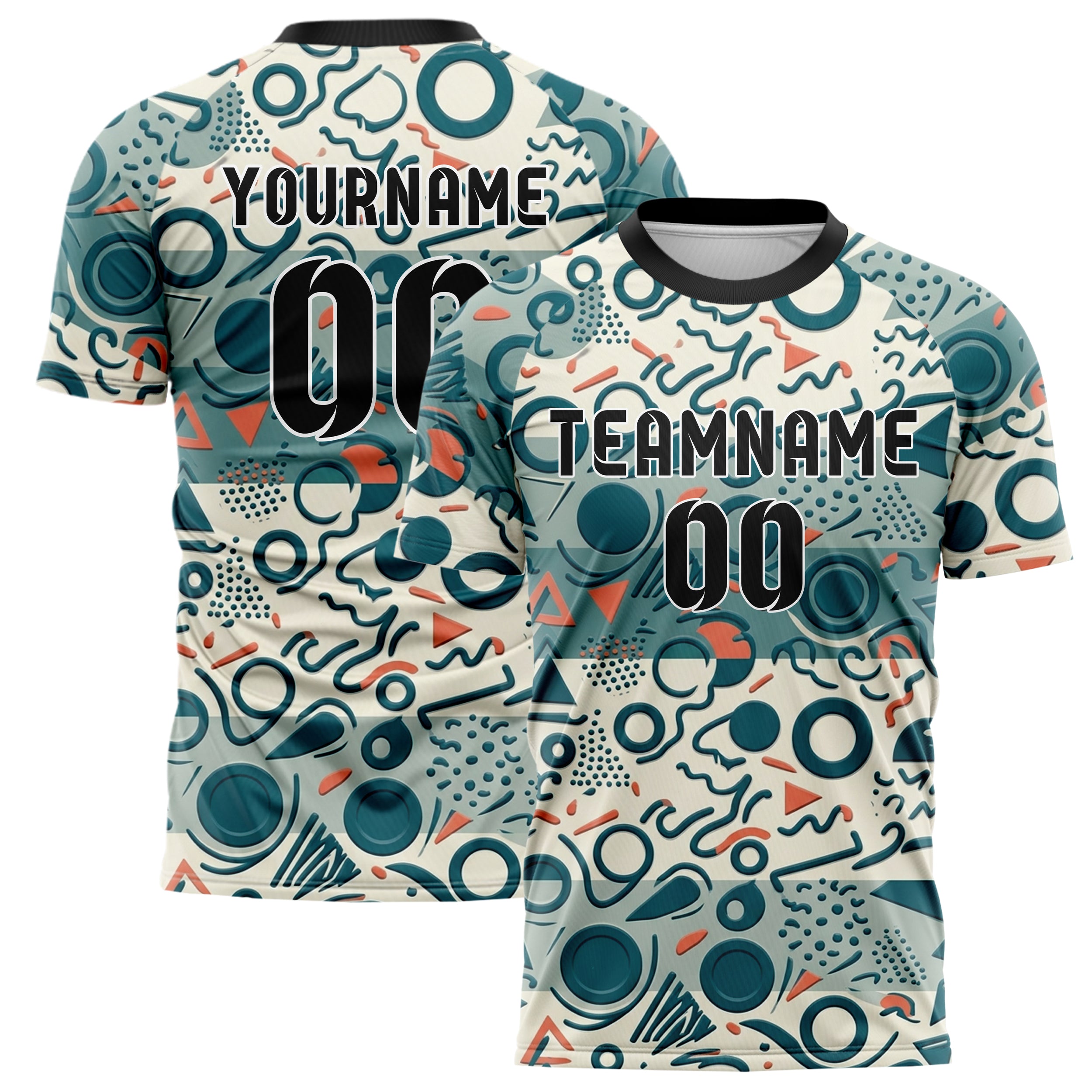 White Teal Coral Geometric Memphis Mashup Custom Soccer Jersey