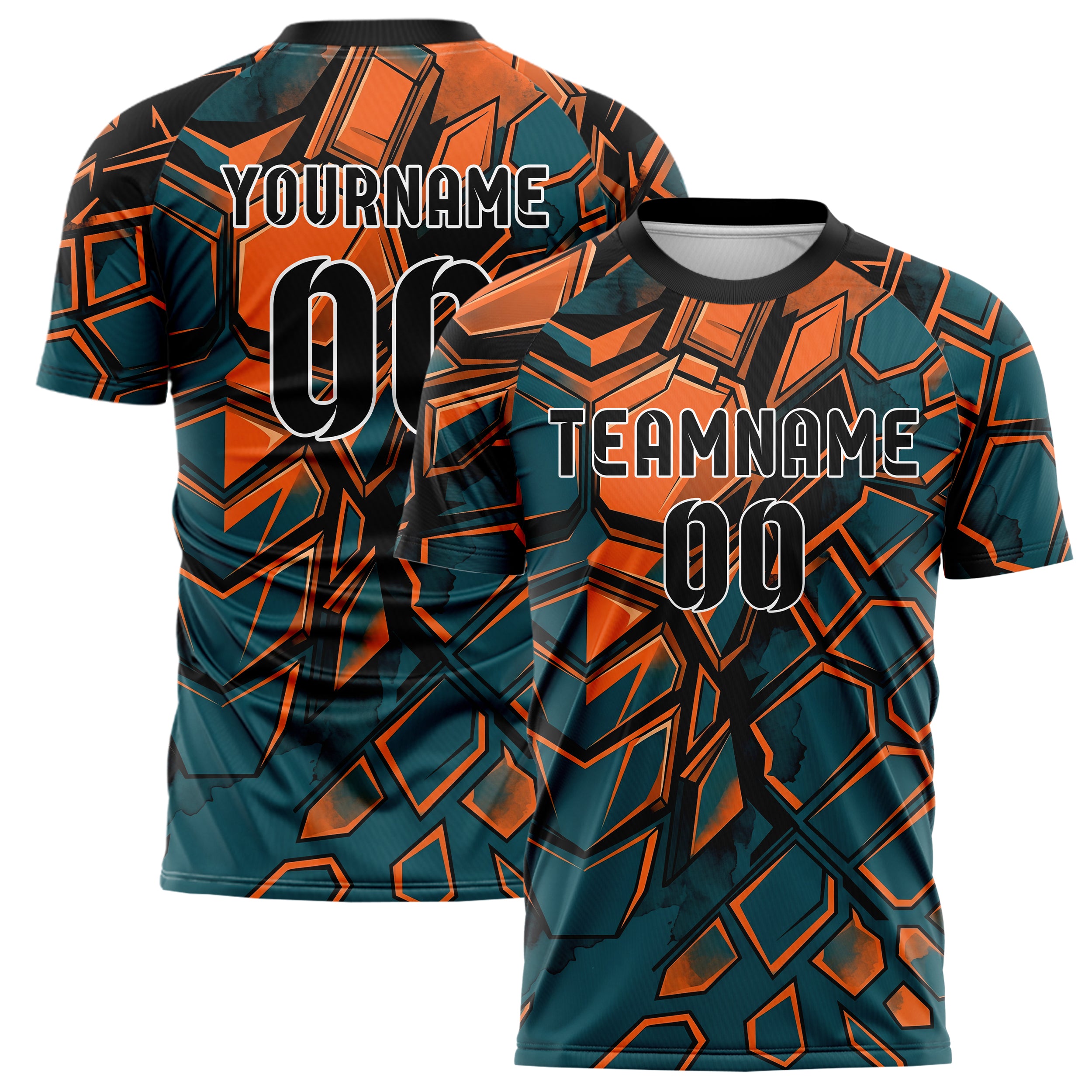 Teal Orange Black Geometric Armor Plate Custom Soccer Jersey