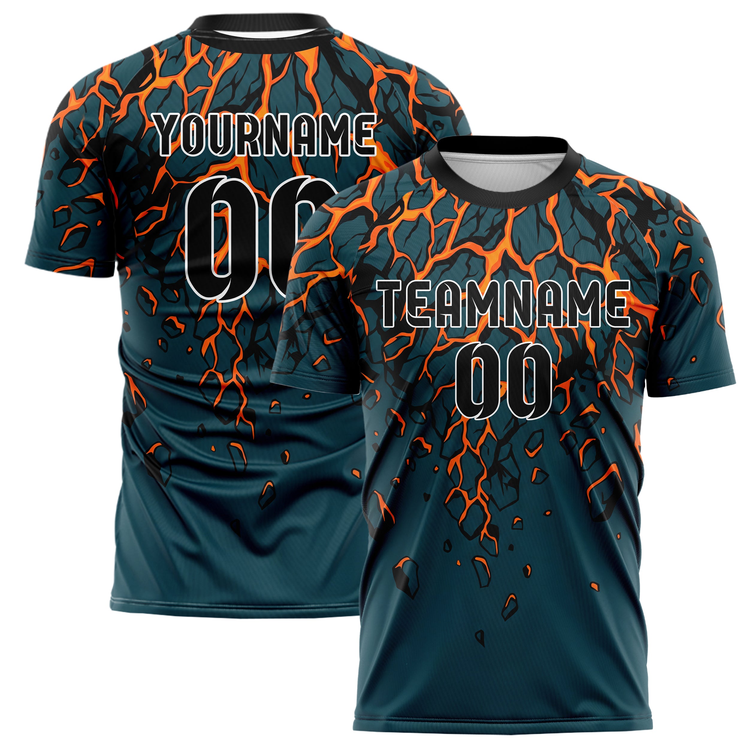 Teal Orange Black Magma Crack Terrain Custom Soccer Jersey