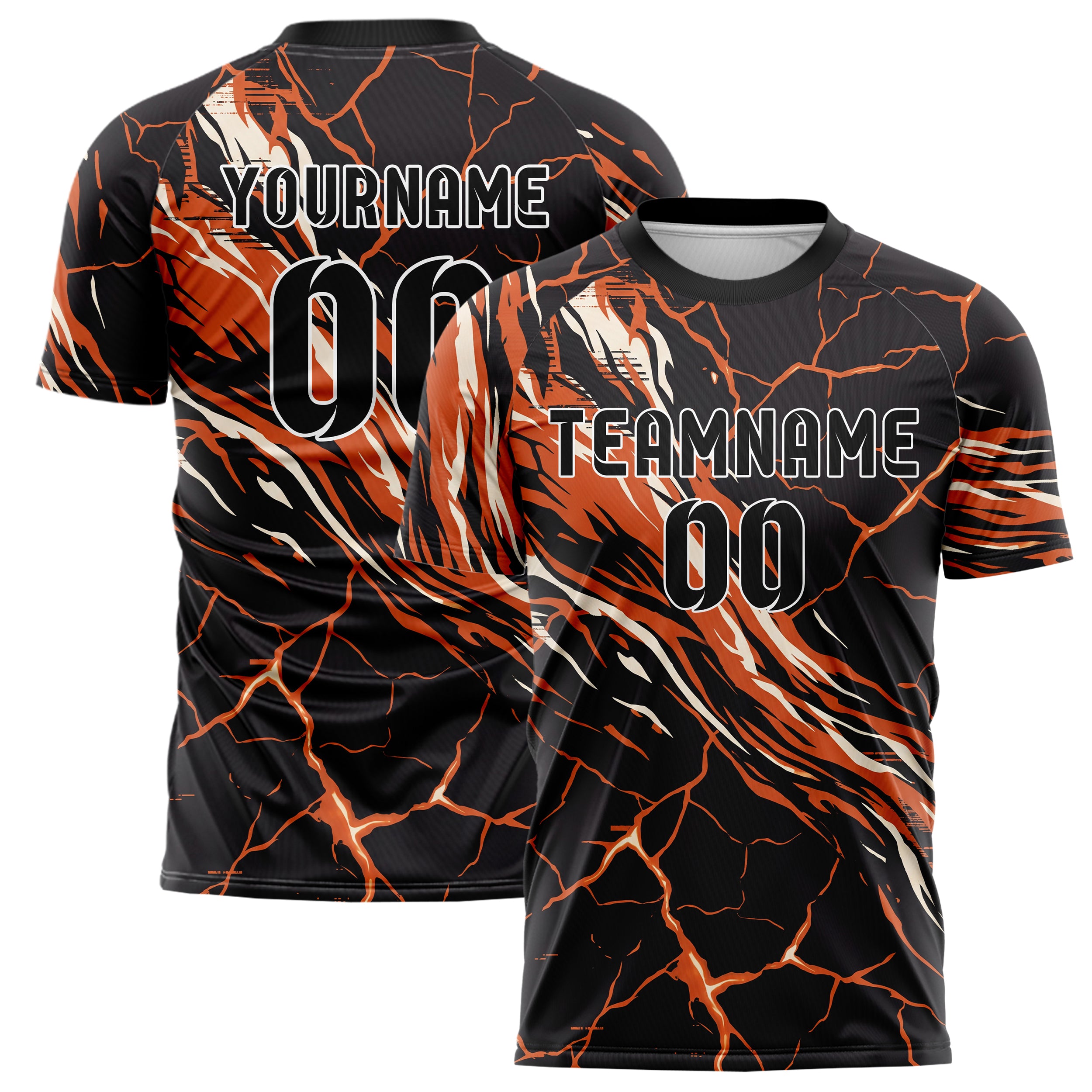 Black Orange White Magma Crack Terrain Custom Soccer Jersey