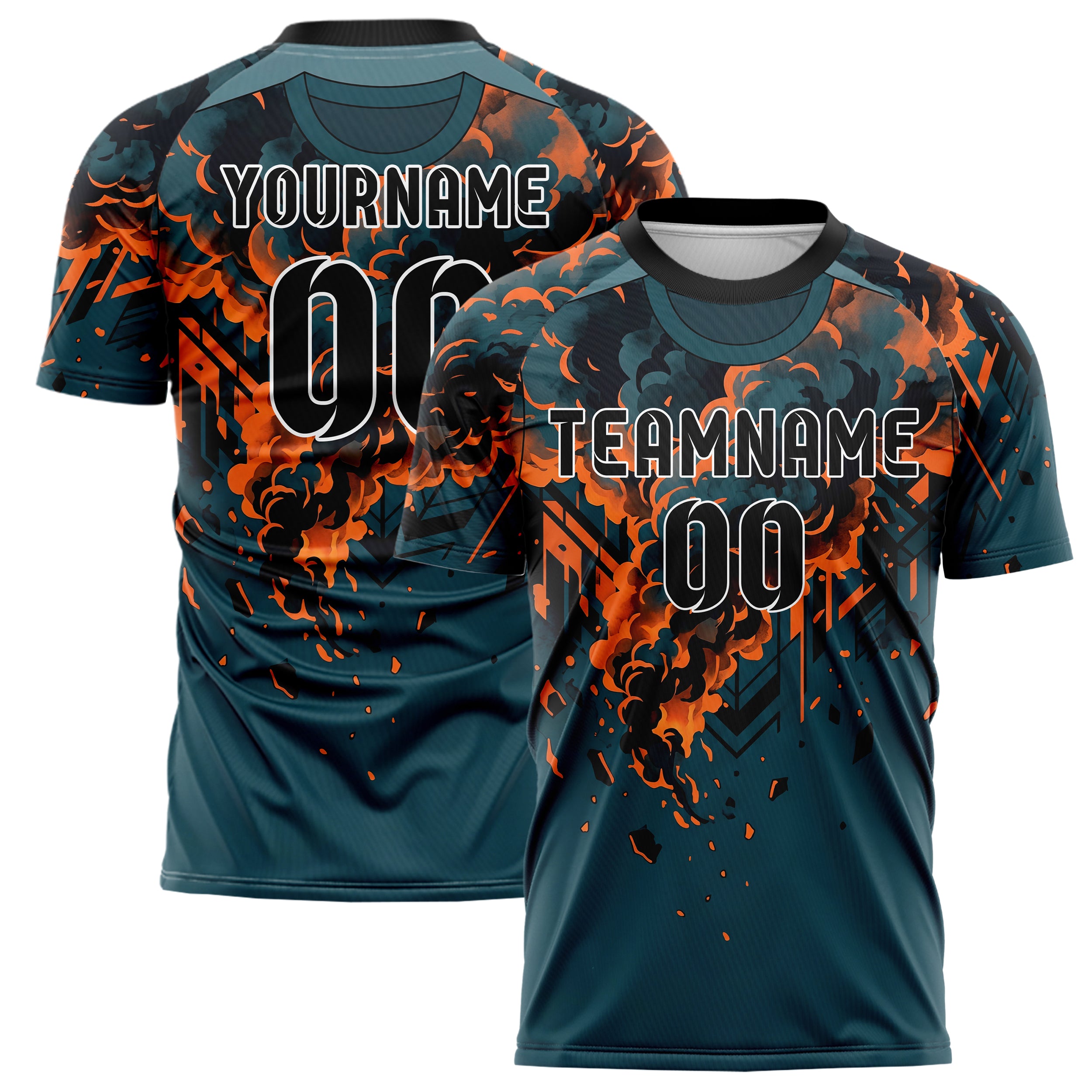 Teal Orange Black Smoke And Fire Abstract Custom Soccer Jersey