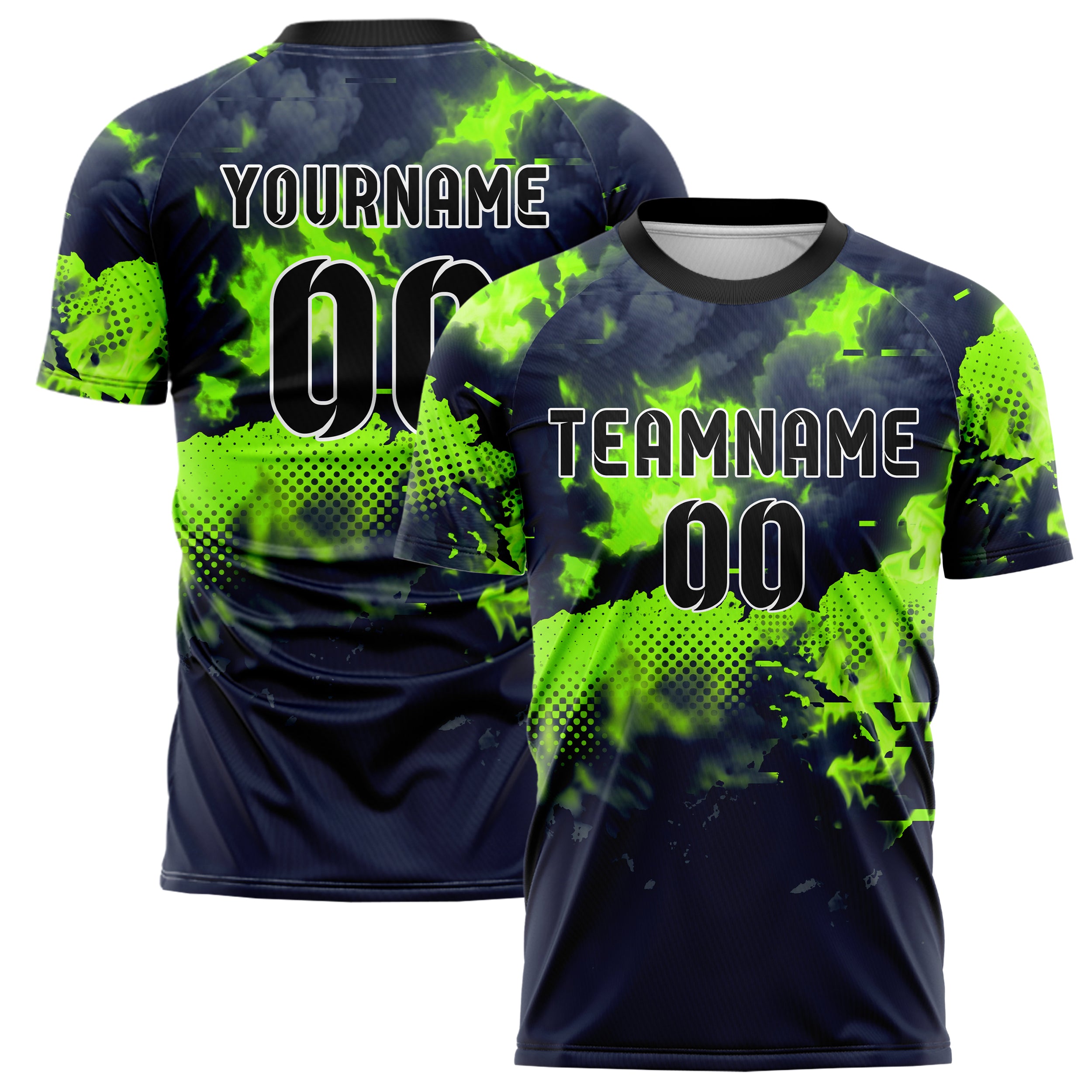 Navy Neon Green Smoke And Fire Abstract Custom Soccer Jersey
