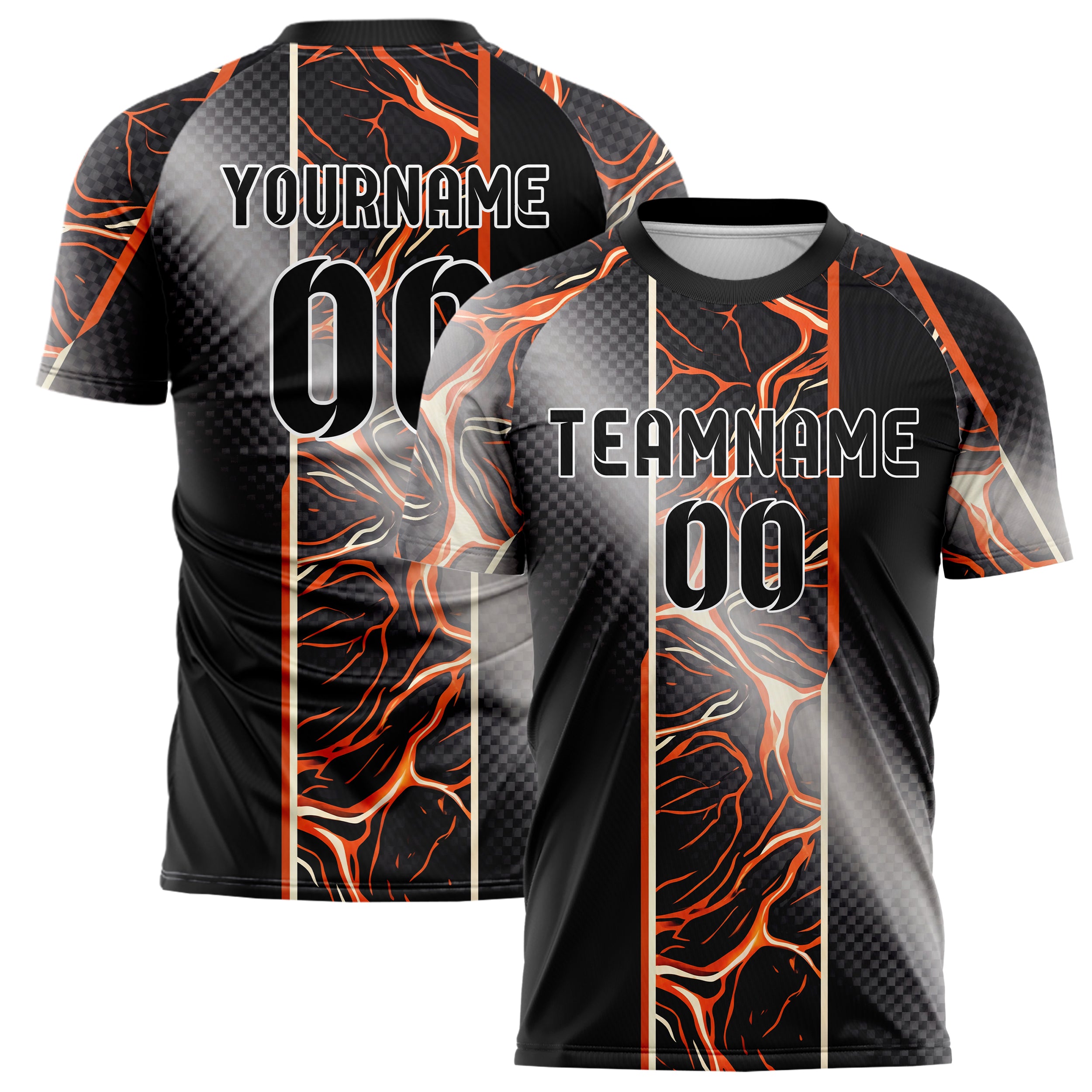 Black Orange White Magma Crack Terrain Custom Soccer Jersey