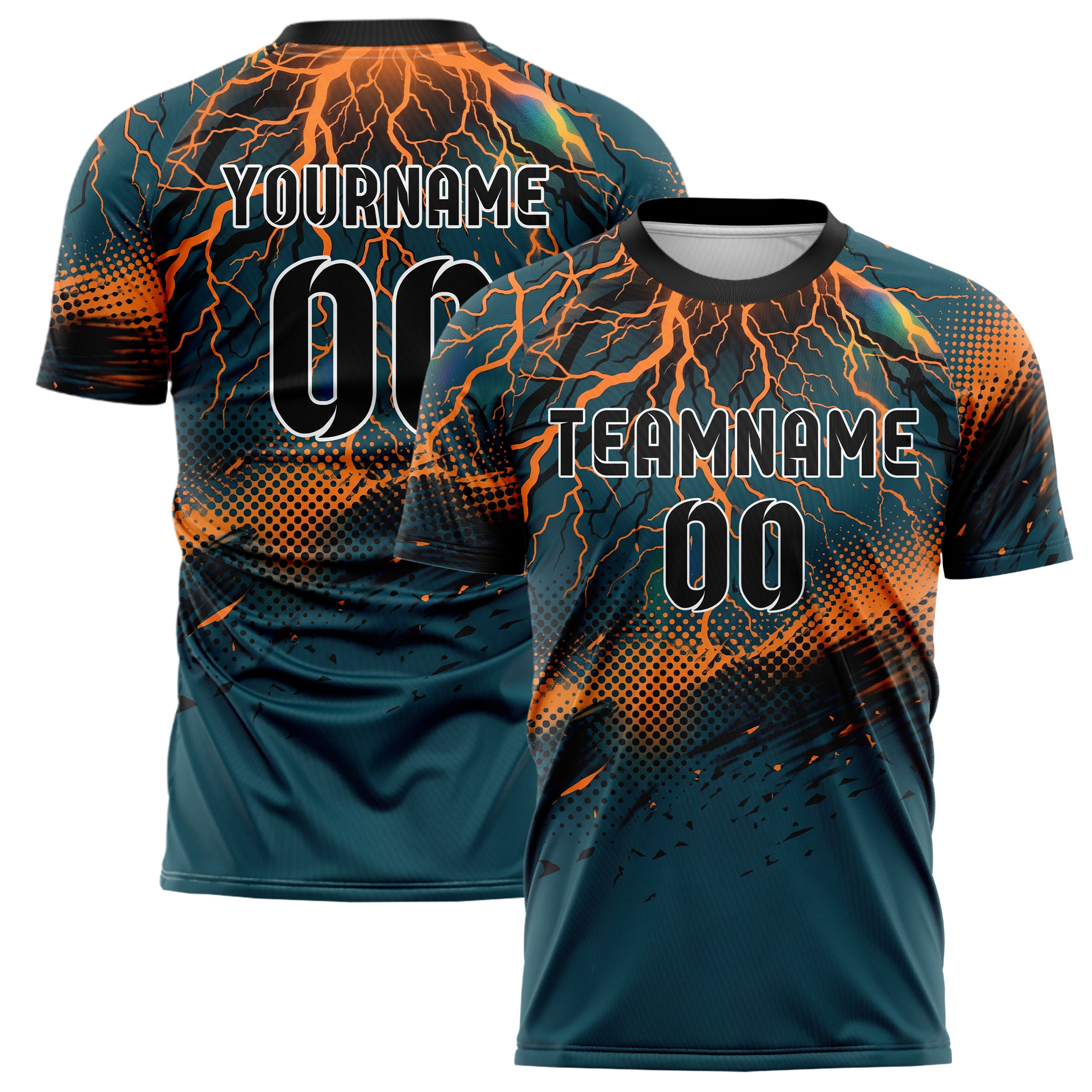 Teal Orange Black Lightning Storm Custom Soccer Jersey
