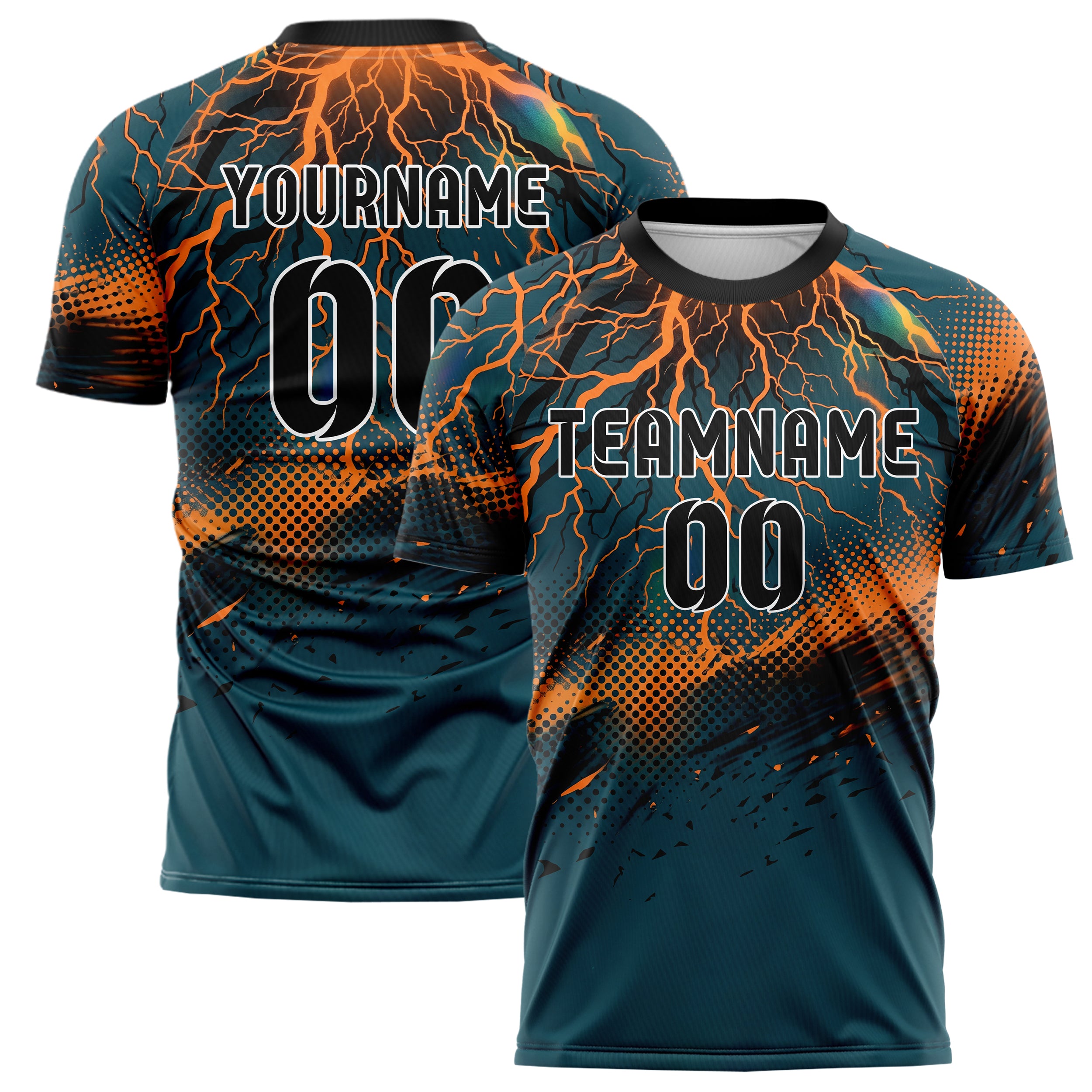 Teal Orange Black Lightning Storm Custom Soccer Jersey