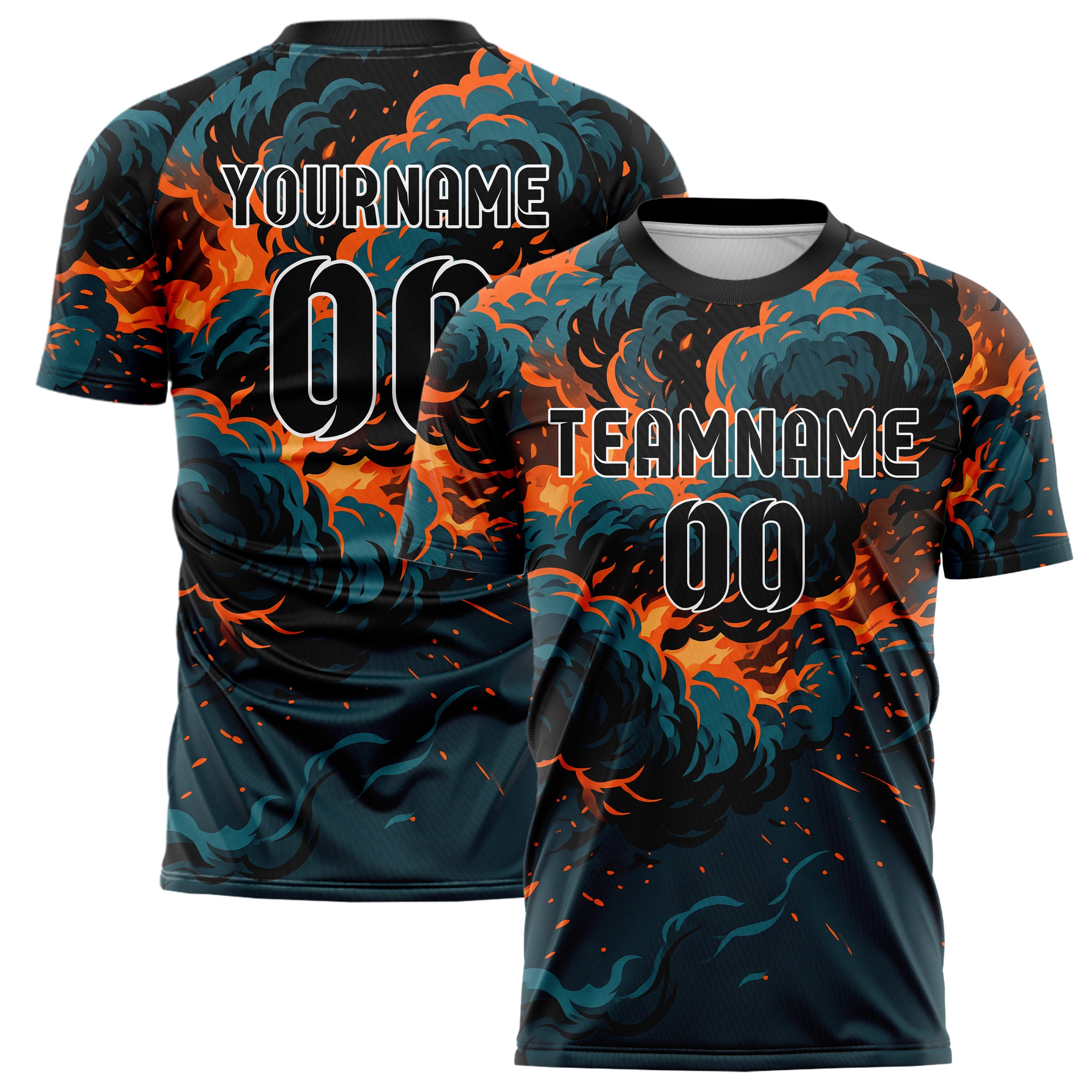 Teal Orange Black Smoke And Fire Abstract Custom Soccer Jersey