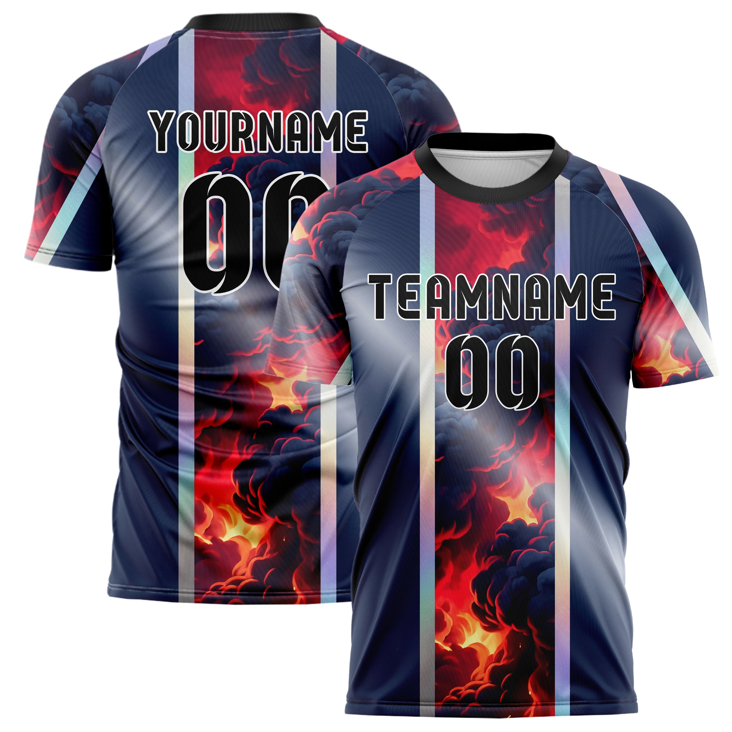 Navy Red Silver Smoke And Fire Abstract Custom Soccer Jersey