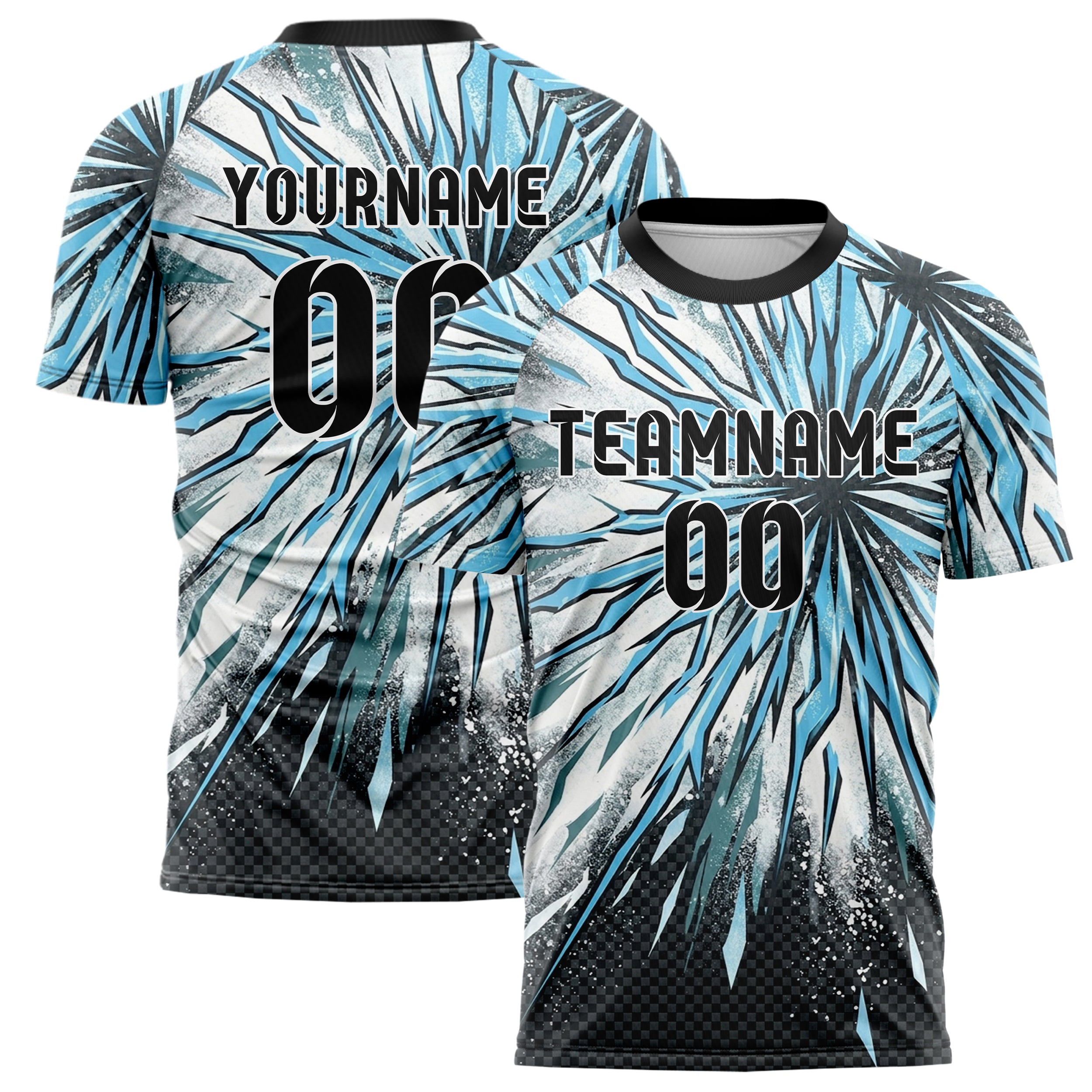 Charcoal Ice Blue White Teal Avalanche Powder Plume Custom Soccer Jersey