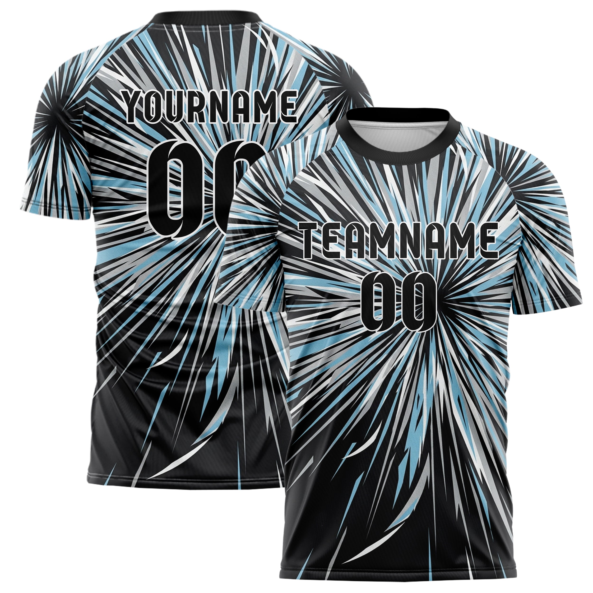 Black Silver Ice Blue White Slalom Gate Streaks Custom Soccer Jersey