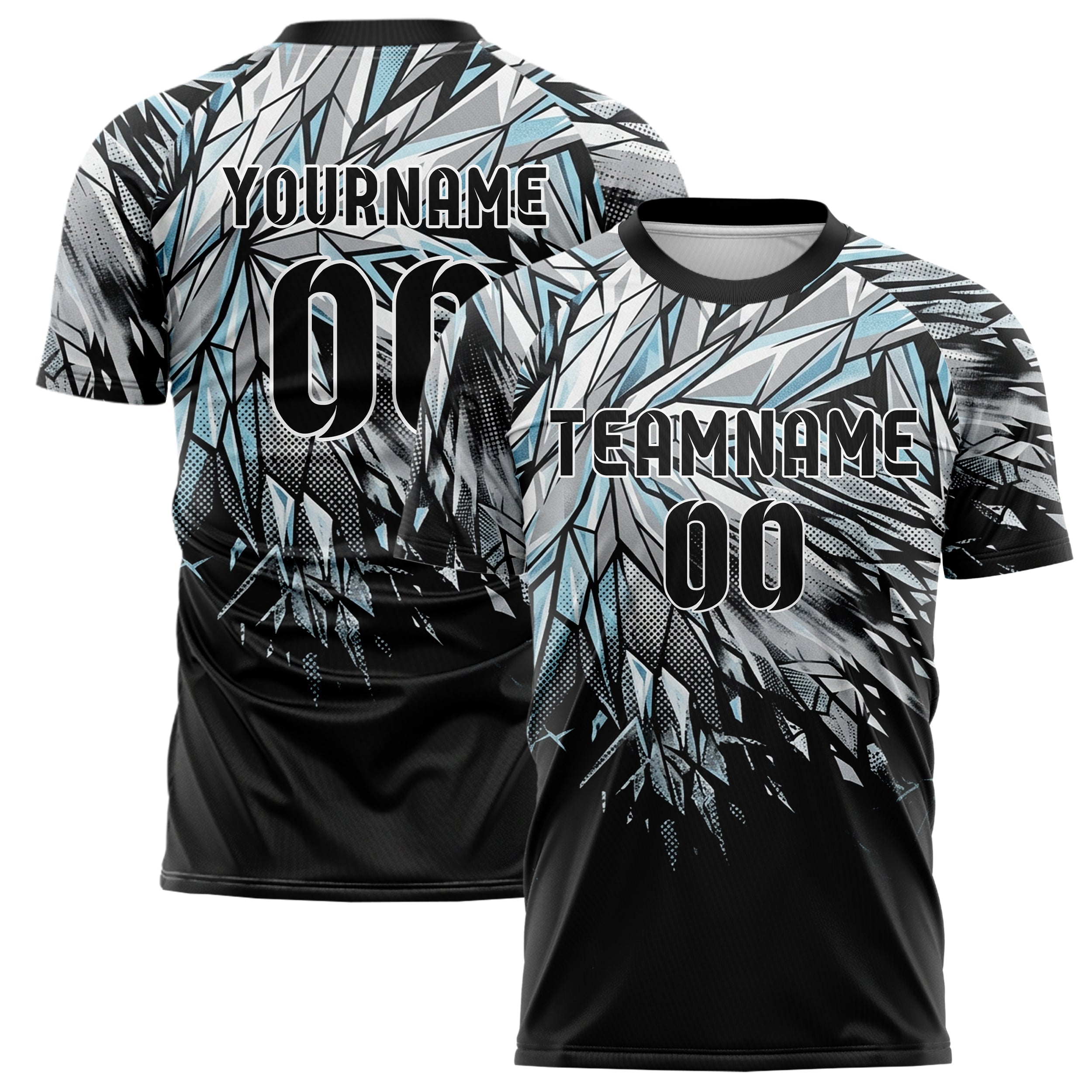 Black Silver Ice Blue White Glacier Network Geometry Custom Soccer Jersey