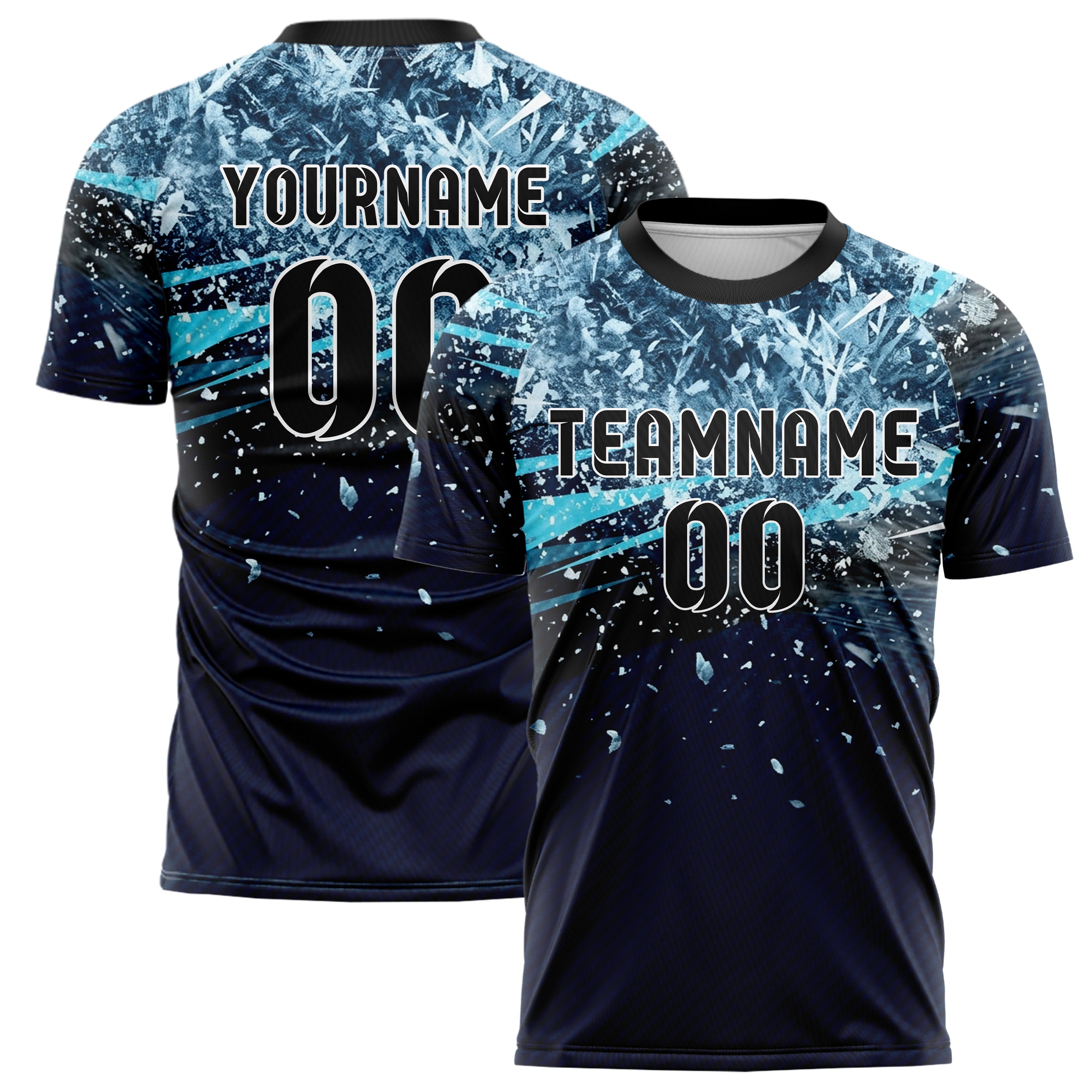Midnight Blue Frost Cyan White Black Snowstorm Visibility Transition Custom Soccer Jersey