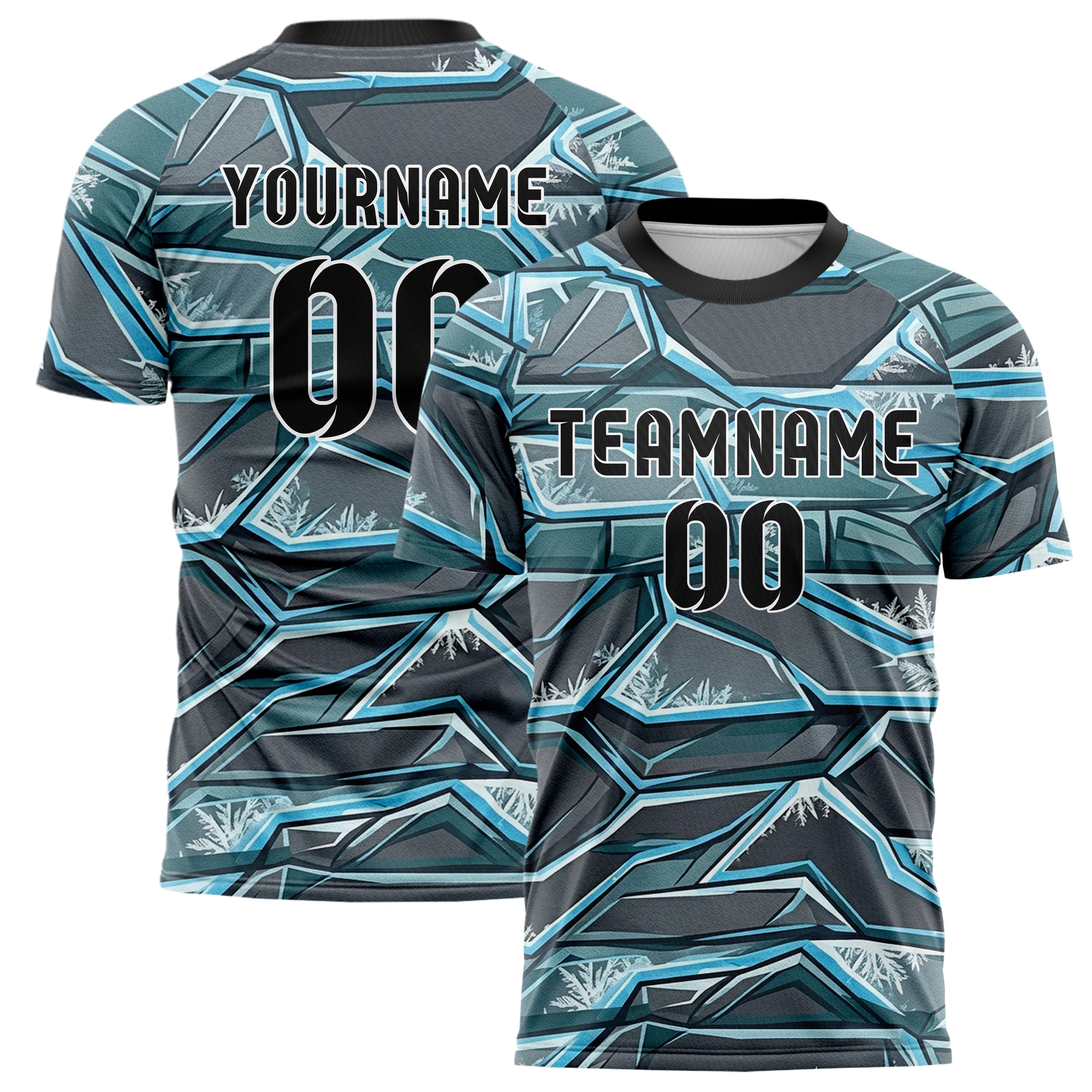 Charcoal Ice Blue White Teal Ice Shield Plating Custom Soccer Jersey