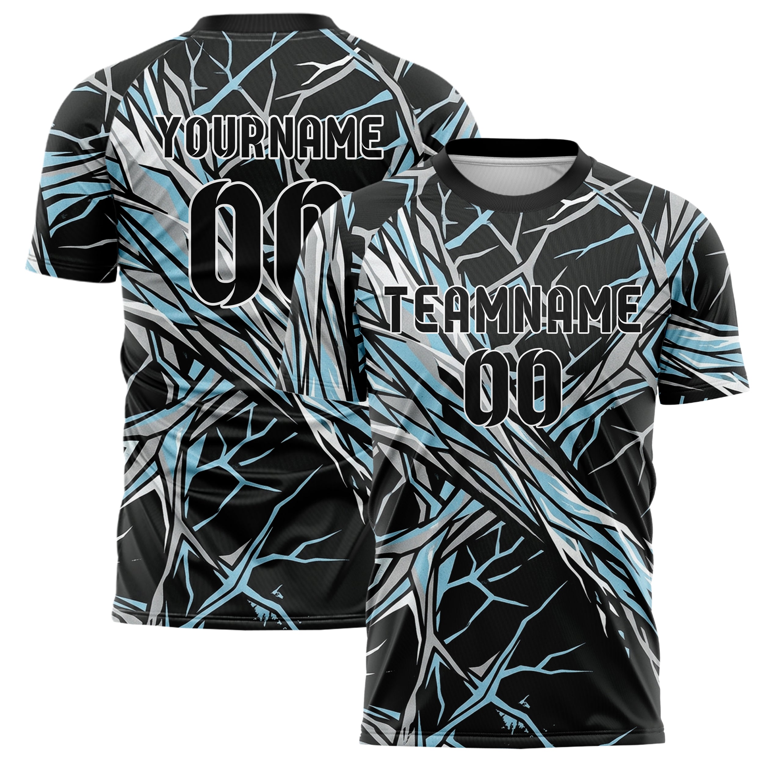 Black Silver Ice Blue White Glacier Network Geometry Custom Soccer Jersey