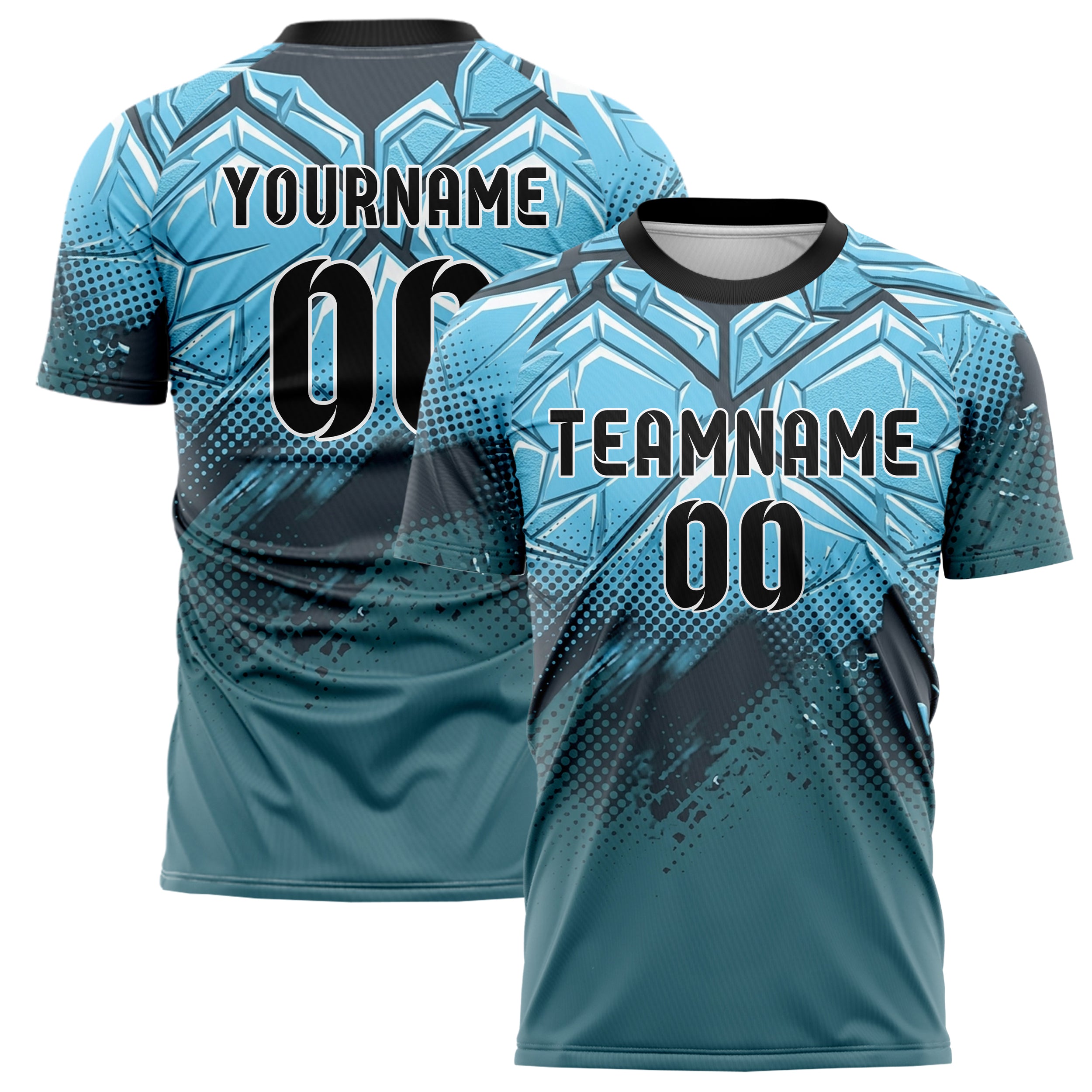 Charcoal Ice Blue White Teal Ice Shield Plating Custom Soccer Jersey