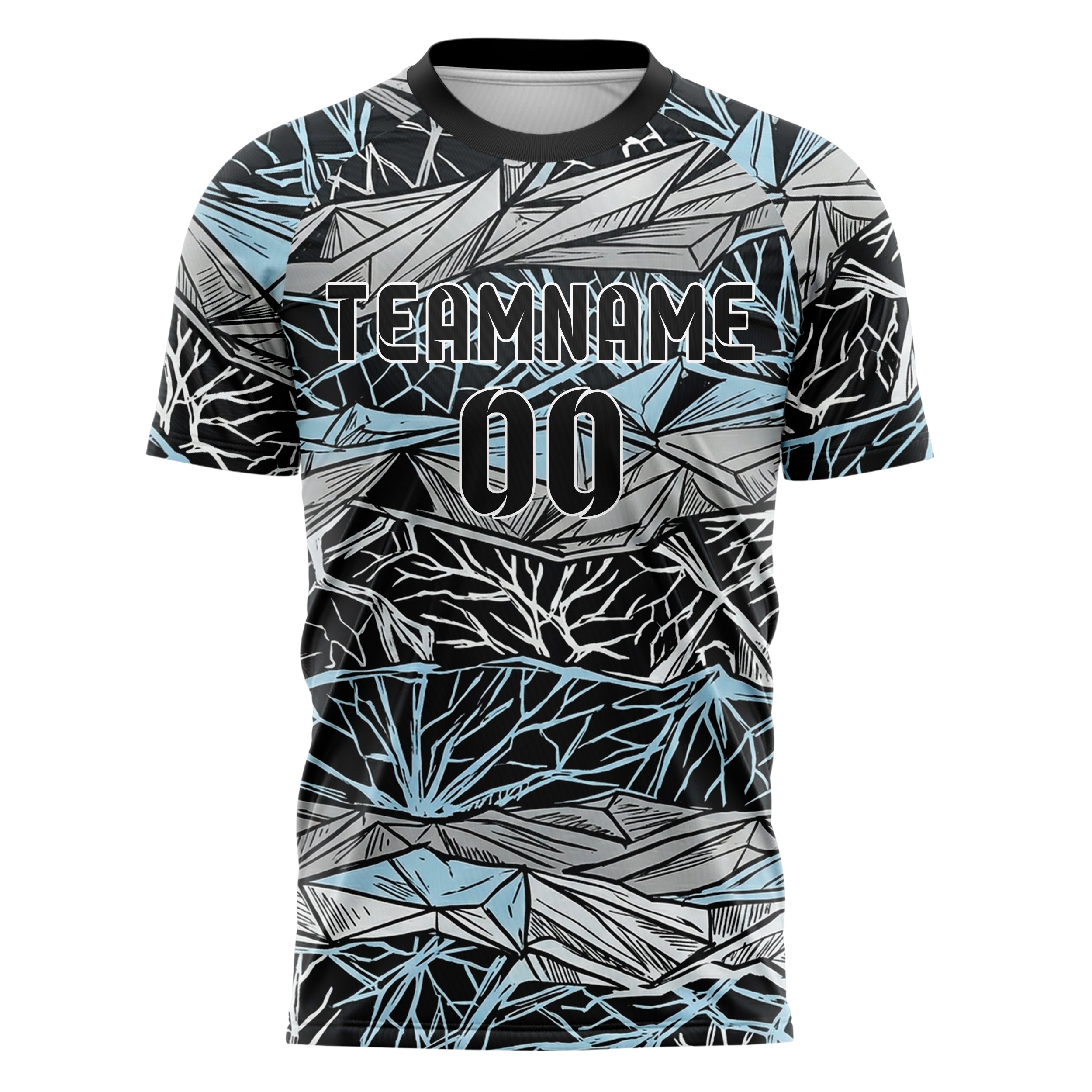 Black Silver Ice Blue White Glacier Network Geometry Custom Soccer Jersey