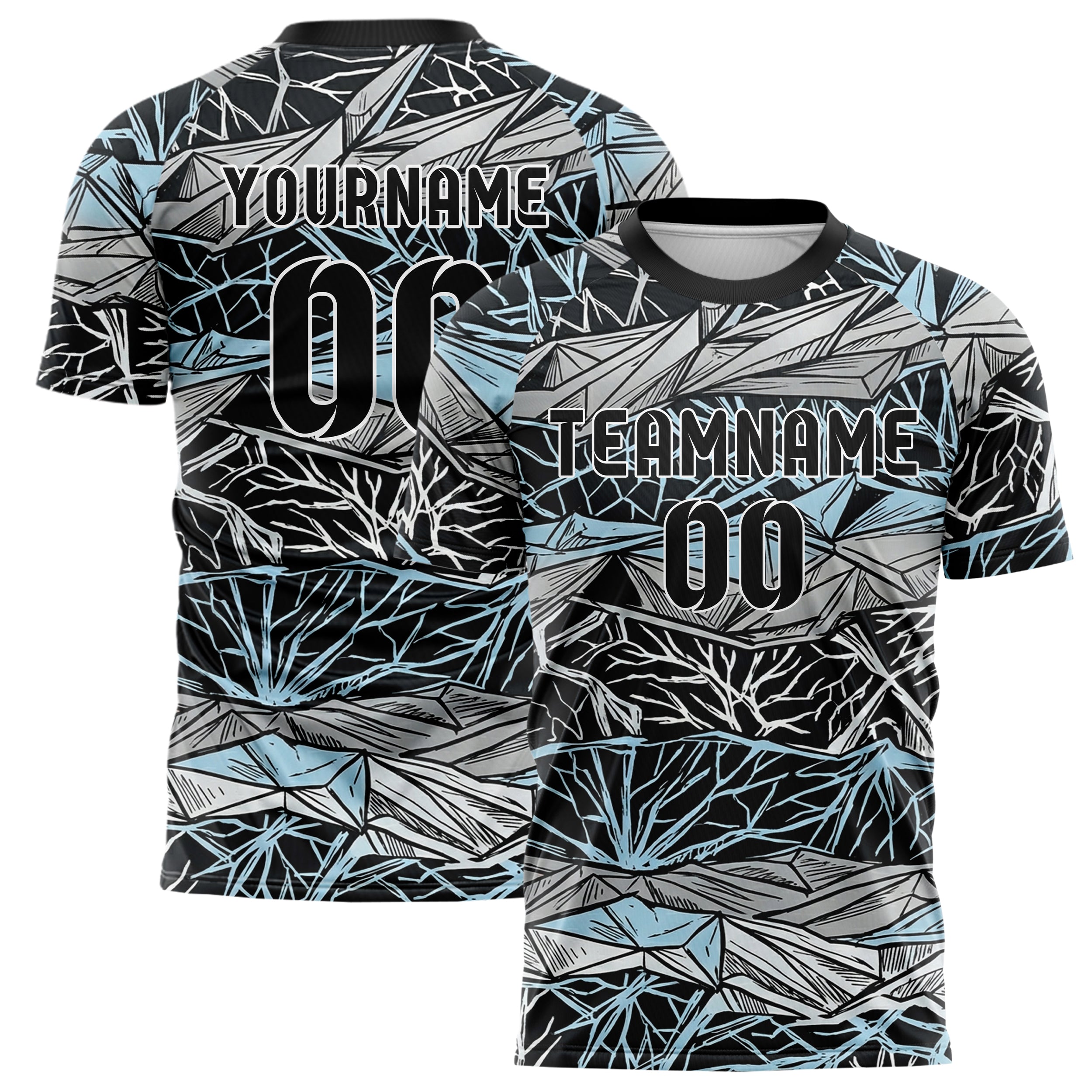 Black Silver Ice Blue White Glacier Network Geometry Custom Soccer Jersey