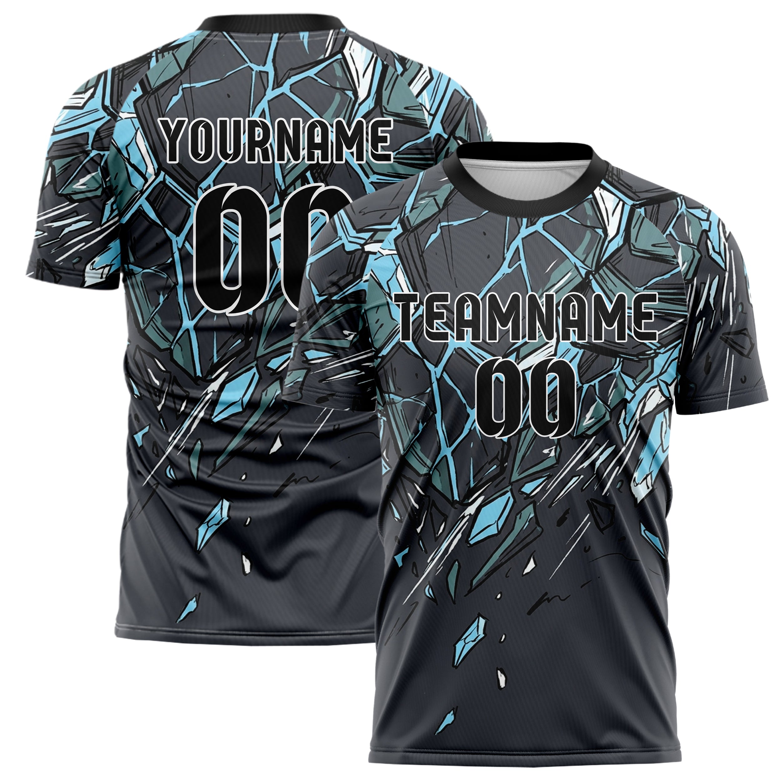 Charcoal Ice Blue White Teal Ice Shield Plating Custom Soccer Jersey
